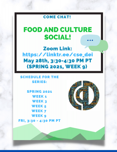 Come chat! Food and culture social! May 28th, 3:30-4:30 PM PT (Spring 2021, Week 9)