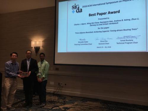 L-R: Prof. Chris Chu, general chair, ISPD-2018; Prof. Andrew B. Kahng, UCSD CSE/ECE; Mr. Sriram Venkatesh, UCSD CSE.