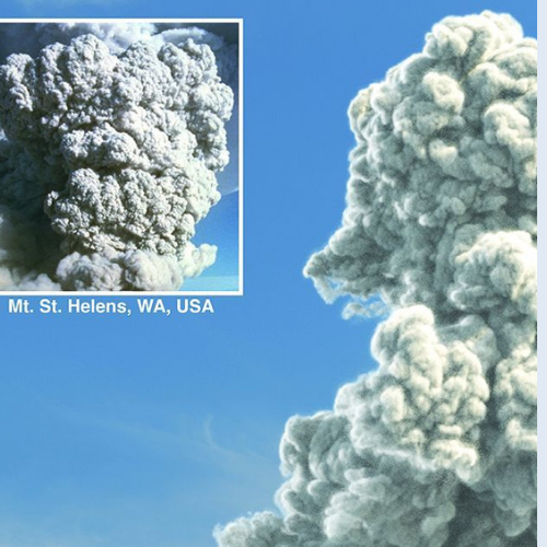 The computer vision simulation the researchers developed, compared with a photo from the explosion of Mt. St. Helens.