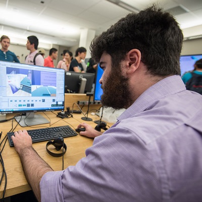 Student works on his VR application in CSE&#039;s Virtual Reality Lab.