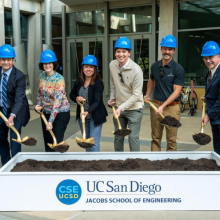 From left: Computer Science and Engineering Department Chair Sorin Lerner, Executive Vice Chancellor Elizabeth Simmons, CSE Chief Administrative Officer Jennie Morrow, Miller Hull Associate AIA Joey Moser, Align Building Director of Preconstruction Trevor Gammelgard, and Jacobs School Dean Al Pisano