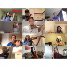 If concertmaster (top left) looks at her camera, it will appear to the musicians that she is looking at all of them. But gaze tracking system shows she is looking at Walter (second row center), and labels the concertmaster’s video feed with the name “Walter” so the entire class knows the intended recipient, and the label updates continuously when she looks at another musician – establishing non-verbal communication with the ensemble.