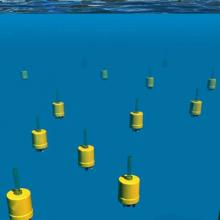 Graphic depicting Miniature Autonomous Underwater Explorers (M-AUEs) used in swarm formation for Scripps-led study.